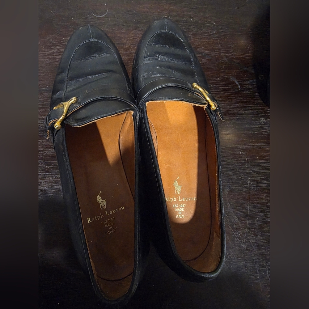 Ralph Lauren Black Leather Loafers with Gold Bit